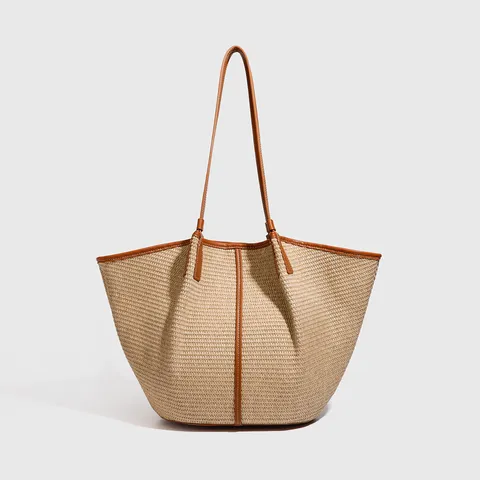 Bolso Tote Tejido de Rafia para Mujer Gran Capacidad Vacaciones en la Playa Bolso Cubo Casual Ribete de Cuero Bolso de Hombro