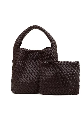 Womens Woven Bucket Bag Luxury PU Leather Handbag Casual Commuter Tote With Pouch Chic Woven Shoulder Bag