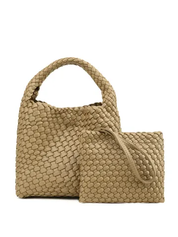 Womens Woven Bucket Bag Luxury PU Leather Handbag Casual Commuter Tote With Pouch Chic Woven Shoulder Bag