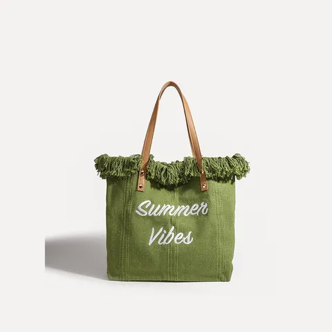 Bolso Tote de Lona de Gran Capacidad Mujer Casual Hombro Bolso de Mano Letra Bordada Bolso de Playa Viaje Versátil