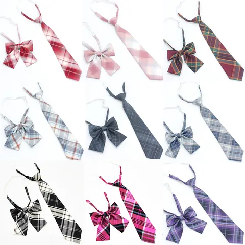 Japanese Preppy Style JK Uniform Plaid Tie Bow Set Polyester Pre-Tied Necktie Fashion Student Accessories