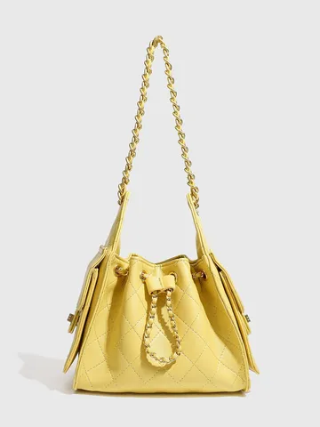 Women's Quilted Chain Bucket Bag Luxury Designer Style PU Leather Shoulder Bag Retro Commuter Handbag