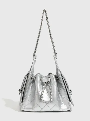Women's Quilted Chain Bucket Bag Luxury Designer Style PU Leather Shoulder Bag Retro Commuter Handbag
