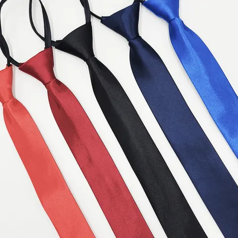 Men Solid Color Satin Necktie Narrow Zipper Tie Business Formal Casual Neckwear Wedding Suit Accessories