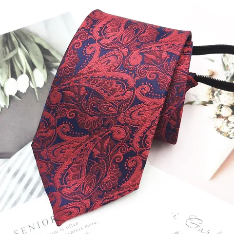 Men's Zipper Necktie Polyester Striped Yarn-Dyed Pre-Tied Neck Tie For Business Wedding Party Casual Male
