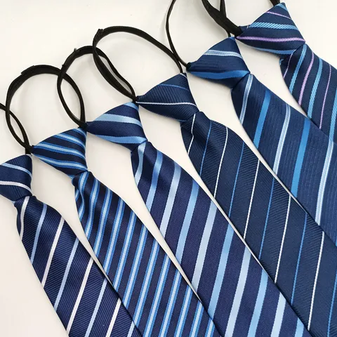 Men's Business Zipper Tie Striped Jacquard Polyester Necktie Convenient Easy Pull Fastened Formal Office Neck Wear