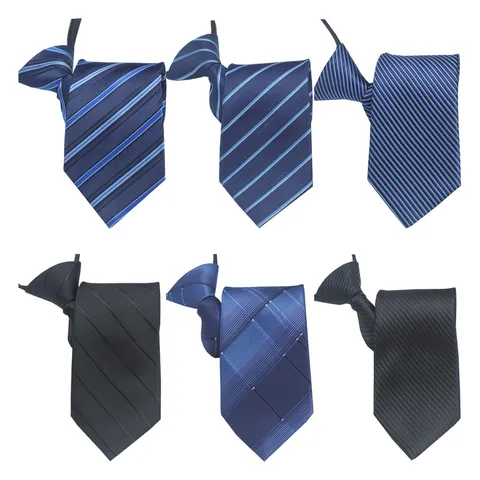 Men Business Zipper Tie Polyester Striped Pre Tied Necktie Formal Office Career Workplace Neck Wear Accessory