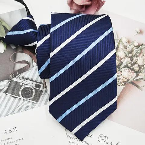 Men Business Zipper Tie Polyester Striped Pre Tied Necktie Formal Office Career Workplace Neck Wear Accessory