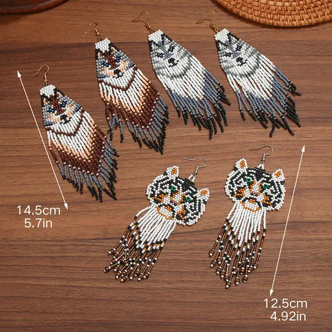 Pendientes de Borla de Cuentas Hechos a Mano Bohemios Patrón de Animal Lobo Tigre Ganchos de Oreja Joyería de Moda para Mujeres Regalo