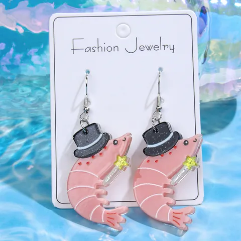 Novelty Cute Pink Top Hat Shrimp Acrylic Dangle Earrings Handmade Animal Drop Earrings Fashion Jewelry Gift For Women