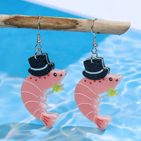 Novelty Cute Pink Top Hat Shrimp Acrylic Dangle Earrings Handmade Animal Drop Earrings Fashion Jewelry Gift For Women