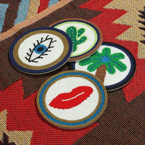 Handgefertigte Glasperlen Untersetzer Kreativ Individuell Palme Kaktus Böser Blick Lippen Muster Rund Wärmeisolierte Tassenmatten Tischdekoration Geschenk