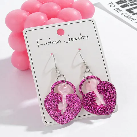 Pendientes de Botón de Acrílico con Cerradura de Corazón para San Valentín Pendientes de Llave de Corazón de Amor con Purpurina Rosa Joyería de Moda para Mujeres