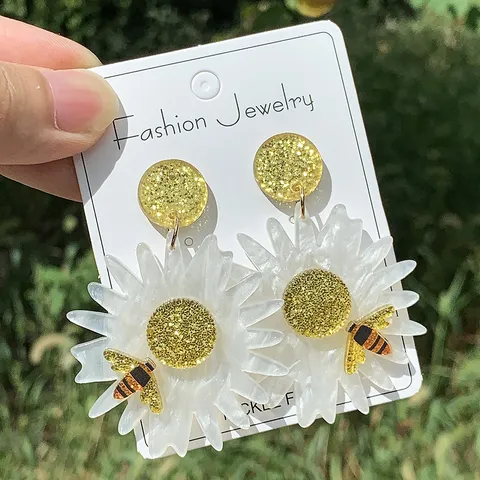 Übertriebene Acryl Blume Biene Ohrhänger Glitzer Pailletten Gänseblümchen Insekten Ohrringe Statement Schmuck Für Damen Party