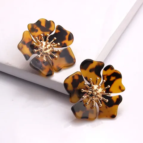 Retro Acetat Blume Ohrstecker Für Frauen Leopardenmuster Übergroße Legierung Floral Statement Ohrringe Mode Schmuck