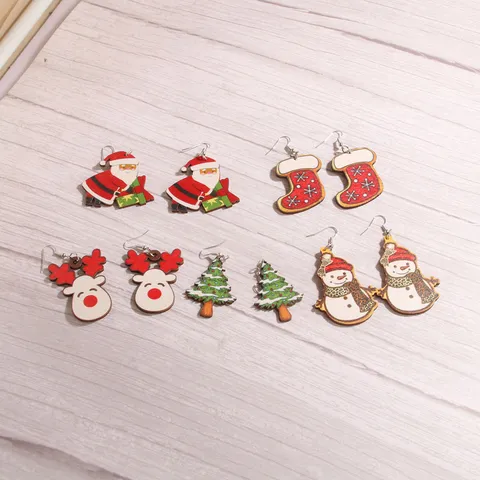 Weihnachten Holz Ohrringe Damen Süße Cartoon Weihnachtsmann Schneemann Rentier Baum Socken Ohrhänger Festlich Party Schmuck Geschenk