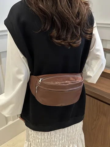 Retro Minimalist PU Leather Chest Bag Women Men Crossbody Waist Pack Versatile Lightweight Sports Shoulder Bag Fashion Small Backpack