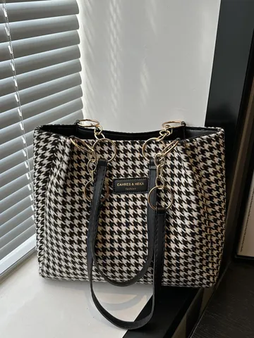 Retro Houndstooth Large Capacity Tote Bag For Women Woolen Fabric Spliced Leather Shoulder Bag Urban Minimalist Commuter Handbag With Chain Metal Rings