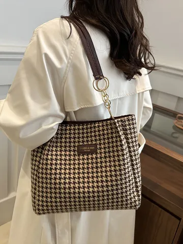 Retro Houndstooth Large Capacity Tote Bag For Women Woolen Fabric Spliced Leather Shoulder Bag Urban Minimalist Commuter Handbag With Chain Metal Rings