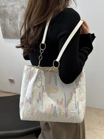 Bolso Tote de Lona Minimalista Urbano para Mujer Bordado de Olas Gran Capacidad Bolso de Hombro Axilar Con Cadena para Diario
