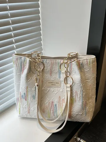 Bolso Tote de Lona Minimalista Urbano para Mujer Bordado de Olas Gran Capacidad Bolso de Hombro Axilar Con Cadena para Diario