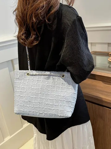 Vrouwen Mode Canvas Tweed Tote Bag Casual Stedelijk Minimalistisch Ketting Schoudertas Grote Capaciteit Handtas