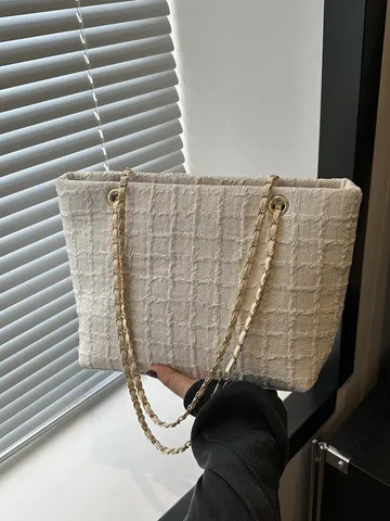 Vrouwen Mode Canvas Tweed Tote Bag Casual Stedelijk Minimalistisch Ketting Schoudertas Grote Capaciteit Handtas