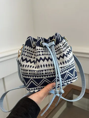 Bolso Saco de Lona para Mujer Estilo Étnico Estampado Geométrico Cordón Bolso Bandolera Casual de Moda