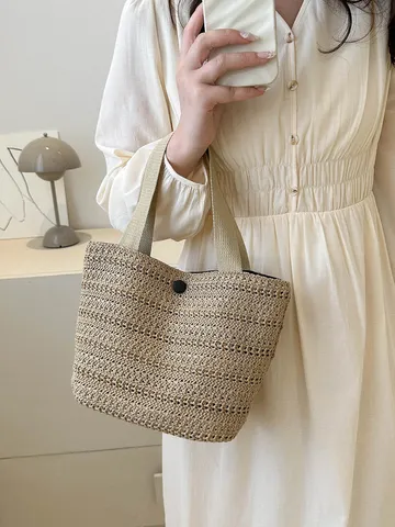 Woven Straw Tote Bag Small Handheld Bucket Bag Casual Paper Straw Handbag Commuting Vacation Bento Bag For Women