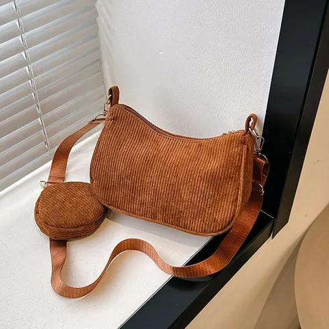 Women's Corduroy Crossbody Bag Casual Vintage Crescent Shoulder Bag With Mini Coin Purse