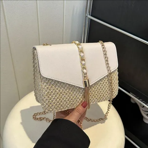 Womens Summer Straw Woven Crossbody Bag Fashion PU Leather Patchwork Chain Tassel Small Square Bag Casual Daily Shoulder Bag