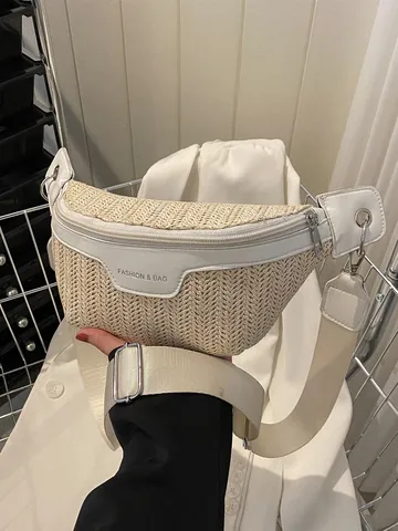 Borsa a Tracolla in Paglia da Donna Borsa da Petto Moda Casual Tinta Unita con Cerniera Borsa a Spalla Viaggio Quotidiano