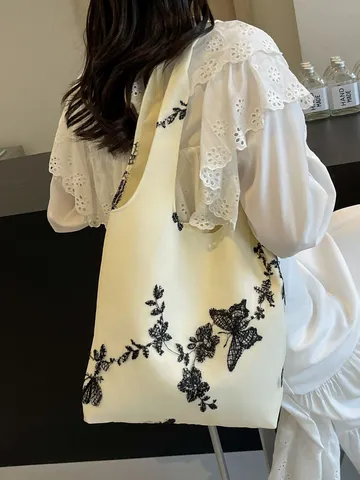 Women's Literary Canvas Tote Bag Large Capacity Casual Shoulder Bag With Black Lace Butterfly Embroidery Handbag