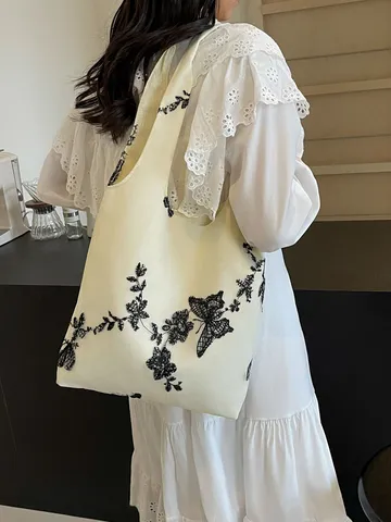 Women's Literary Canvas Tote Bag Large Capacity Casual Shoulder Bag With Black Lace Butterfly Embroidery Handbag