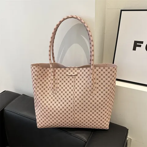 Women Vintage PU Leather Geometric Monogram Tote Bag Large Capacity Shoulder Handbag Casual Commuter Bag Printed Large Bag