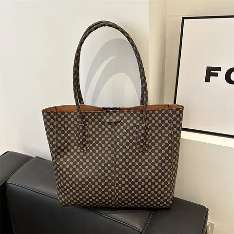 Women Vintage PU Leather Geometric Monogram Tote Bag Large Capacity Shoulder Handbag Casual Commuter Bag Printed Large Bag