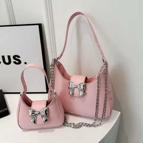 Borsa Sottobraccio da Donna Dolce Ragazza Rosa con Fiocco 2024 Nuova Moda Borsa di Nicchia a Tracolla con Catena in Metallo Pelle PU