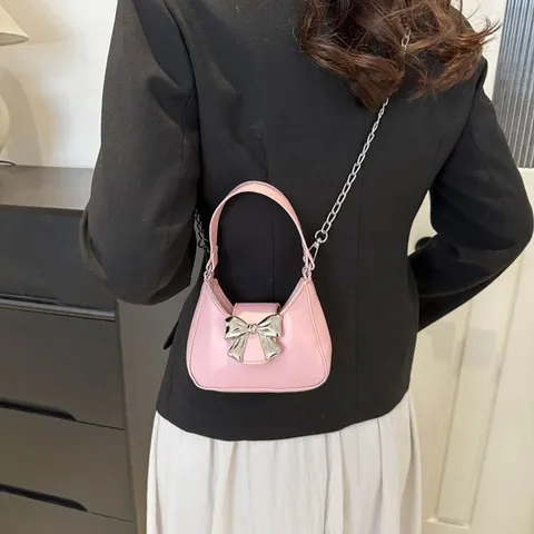 Borsa Sottobraccio da Donna Dolce Ragazza Rosa con Fiocco 2024 Nuova Moda Borsa di Nicchia a Tracolla con Catena in Metallo Pelle PU