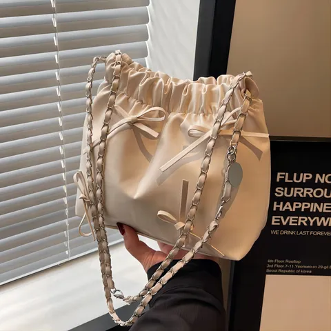 Dames Mode Strik Ketting Schoudertas Geplooid Koord Crossbody Tas Zoete Trendy PU Leer Mini Okseltas Purse
