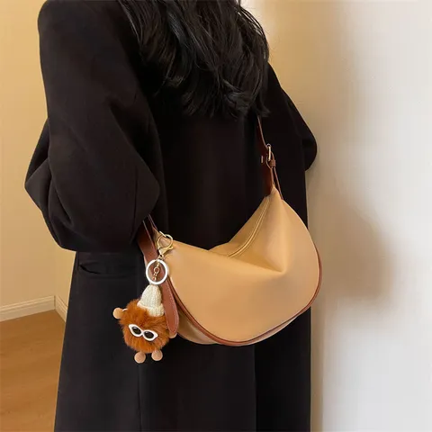 Korean Contrast Color PU Leather Dumpling Bag Retro Crescent Shoulder Underarm Crossbody Bag For Women Casual Versatile Mini Purse