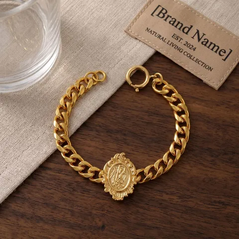 Französische Vintage Kupfer Flachkette Armband Mit Strass Abzeichen Anhänger Luxus Premium Geometrisches Armband Für Damen Schmuck