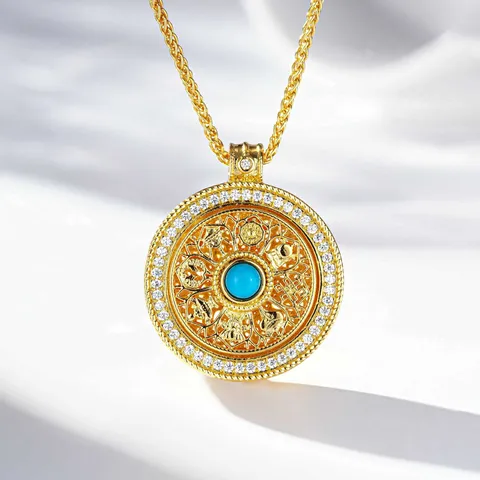 Collar Con Colgante de Brújula Giratoria para Mujer Cobre Chapado en Oro 24K Turquesa Artificial Strass Collar Joyería de Moda