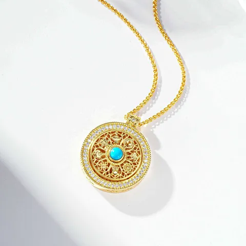 Collar Con Colgante de Brújula Giratoria para Mujer Cobre Chapado en Oro 24K Turquesa Artificial Strass Collar Joyería de Moda