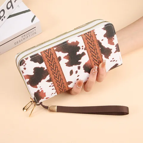 Portefeuille Long à Double Fermeture Éclair pour Femmes en Cuir PU Pochette Grande Capacité Mode Motif Géométrique Ethnique Sac à Main Étui Téléphone avec Dragonne