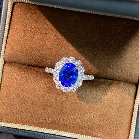 Diana Style 925 Sterling Silver Ring Lab-Created Royal Blue Sapphire Ring For Women Cluster Rhinestone Geometric Finger Ring Jewelry