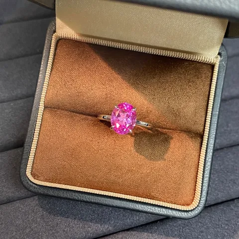 925 Sterling Silver Pink Rhinestone Ring For Women Oval Lab-Created Sapphire Design Light Luxury High Sense Jewelry Gift