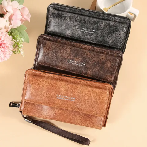 Portefeuille Long pour Hommes en Cuir PU Grande Capacité Porte-Cartes Porte-Monnaie Vintage Pochette de Poignet avec Fermeture Éclair