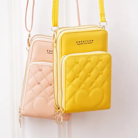 Sac pour Téléphone Portable en Cuir PU Femme Grande Capacité Trois Couches Fermeture Éclair Sac Bandoulière Motif Cœur Losange Petit Sac Épaule