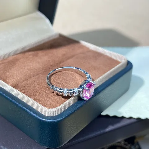 Anello in Argento Sterling 925 con Zaffiro Rosa per Donna Zaffiro Rosa Creato in Laboratorio con Strass Incastonati Anello Ovale Fascia Perlata