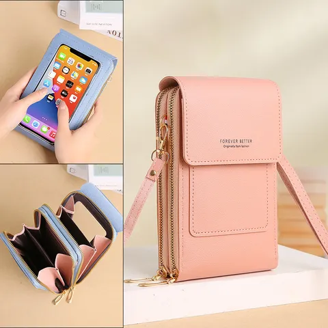 Sac pour Téléphone Portable à Écran Tactile pour Femmes Bandoulière en Cuir PU Petite Pochette Portefeuille Texture Litchi